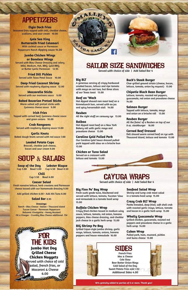 O'Malley's Cabin on the Lake - Interlaken, NY menu_pic