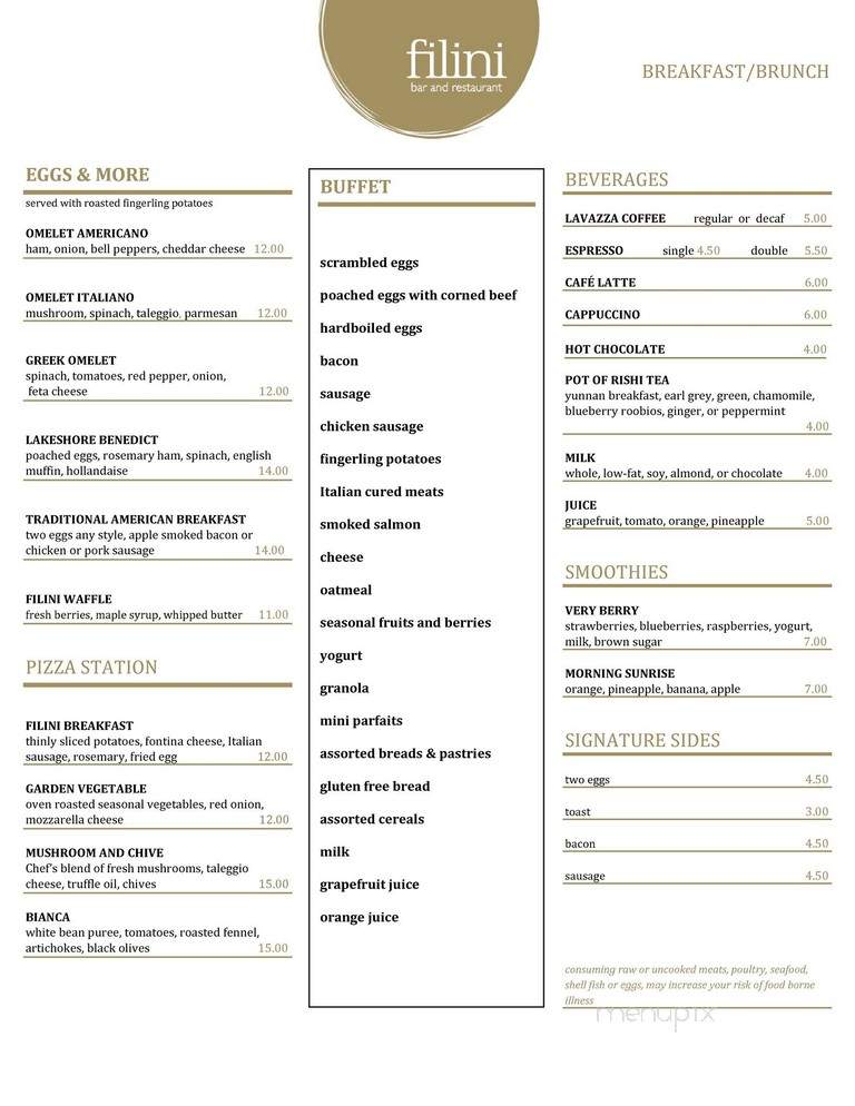 Filini Bar and Restaurant - Chicago, IL menu_pic