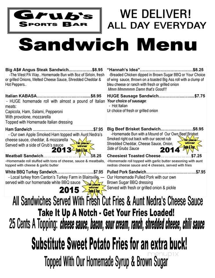 Grubs Sports Bar & Wolfies Pub - Indiana, PA menu_pic