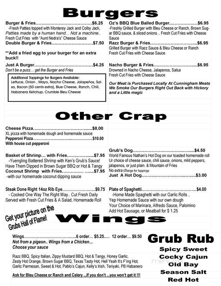 Grubs Sports Bar & Wolfies Pub - Indiana, PA menu_pic