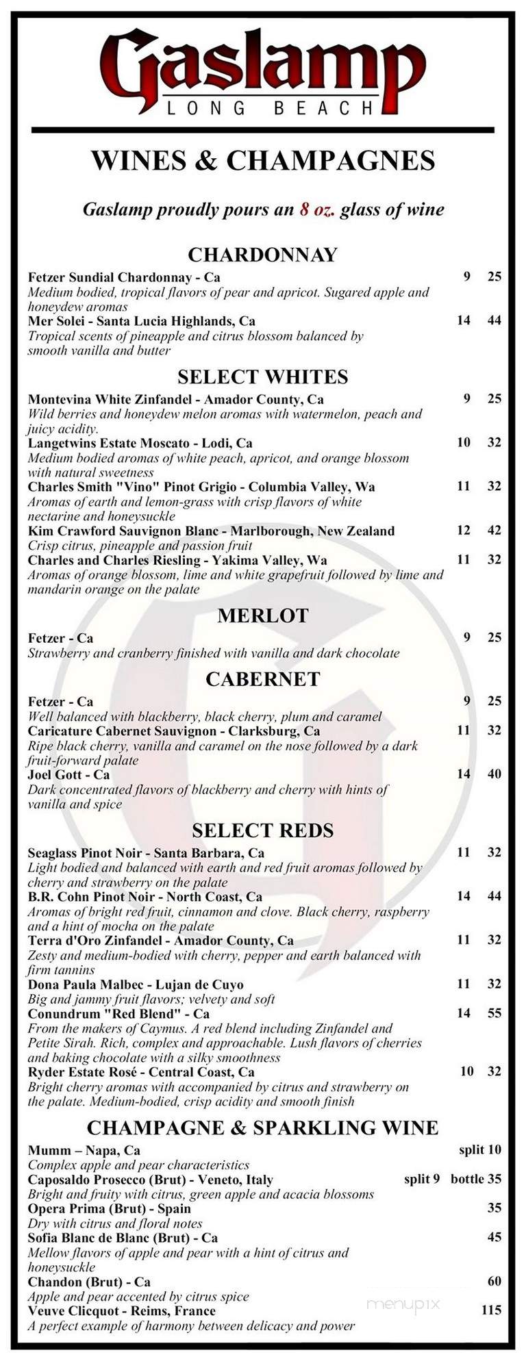 The Gaslamp Restaurant and Bar - Long Beach, CA menu_pic