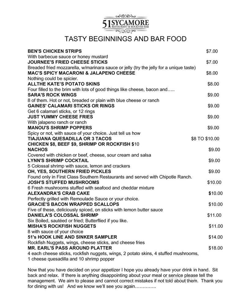 51 Sycamore Restaurant & Rockfish Bar - Weldon, NC menu_pic