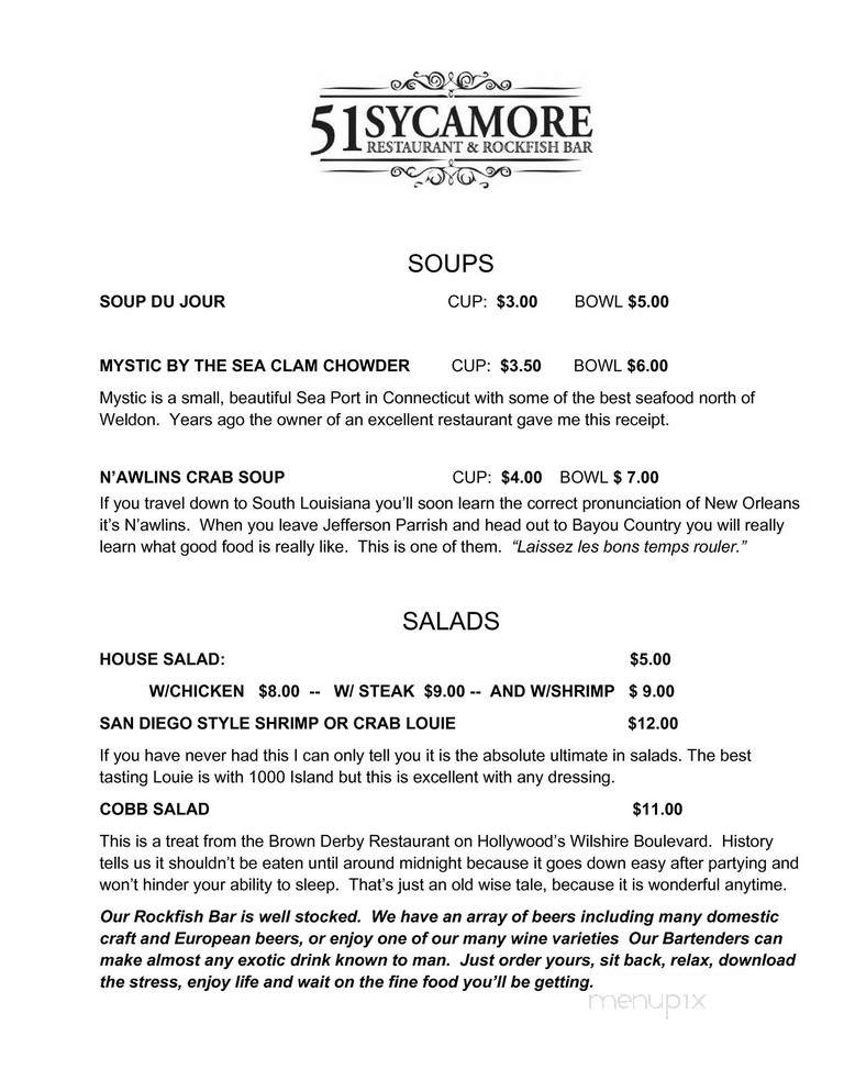 51 Sycamore Restaurant & Rockfish Bar - Weldon, NC menu_pic