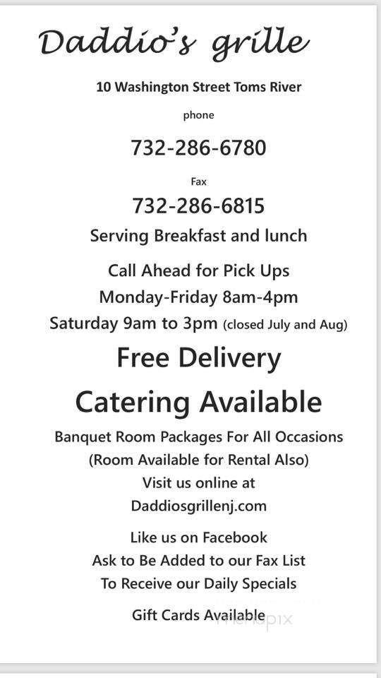Menu of Daddio's Grille in Toms River, NJ 08753