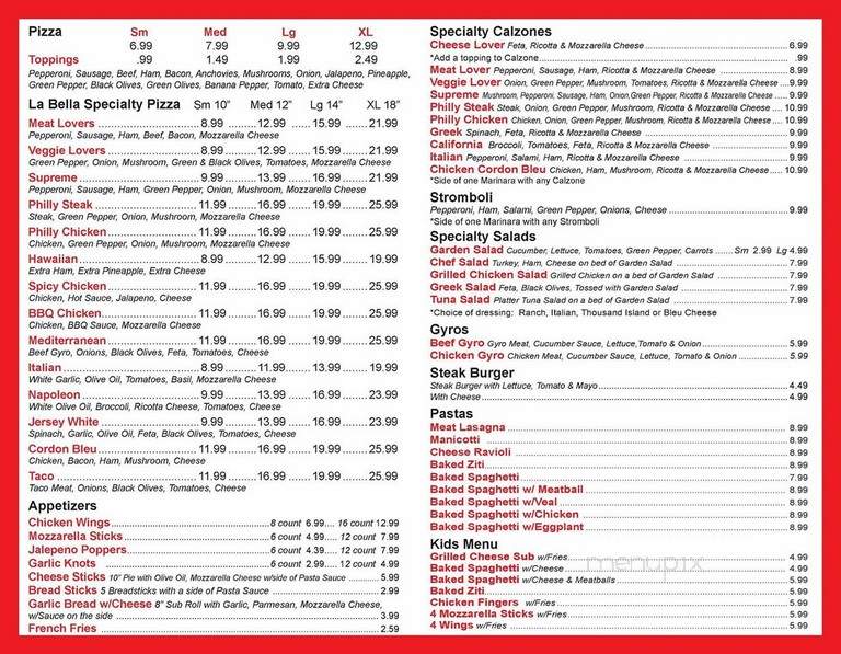 La Bella Pizzeria - Clayton, NC menu_pic