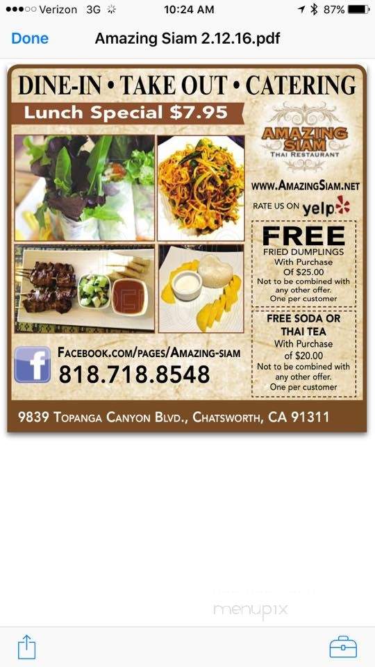 Amazing Siam Thai Restaurant - Chatsworth, CA menu_pic