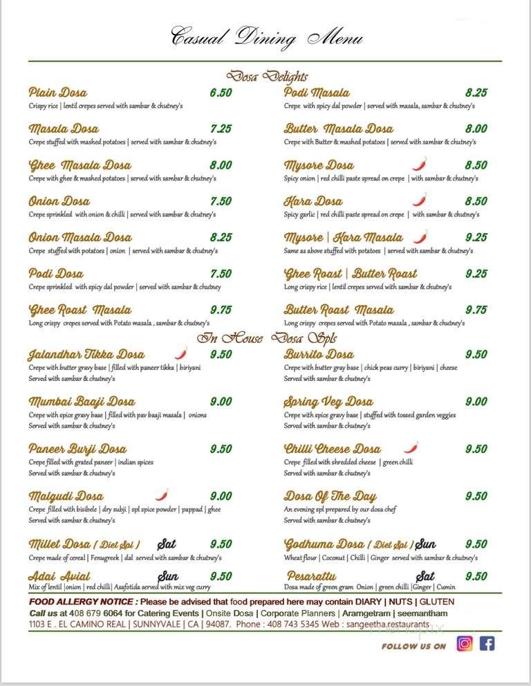 Sangeetha Vegetarian Restaurant - Sunnyvale, CA menu_pic