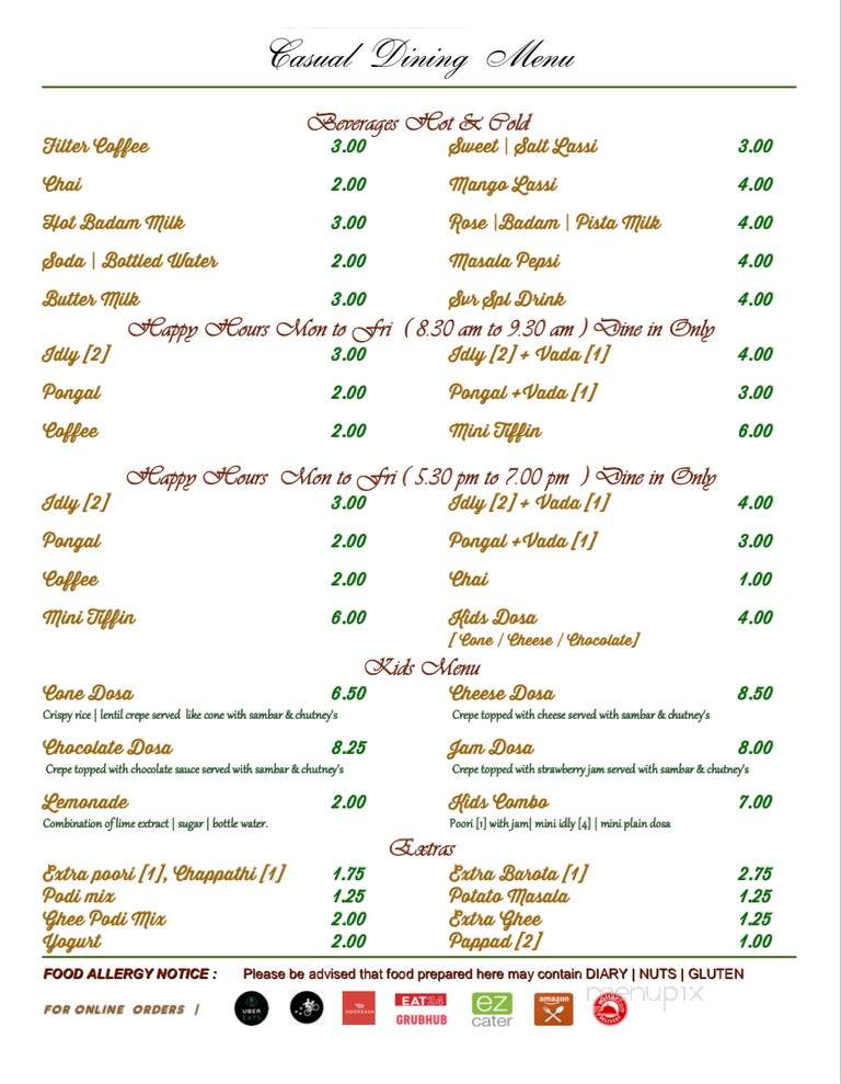 Sangeetha Vegetarian Restaurant - Sunnyvale, CA menu_pic
