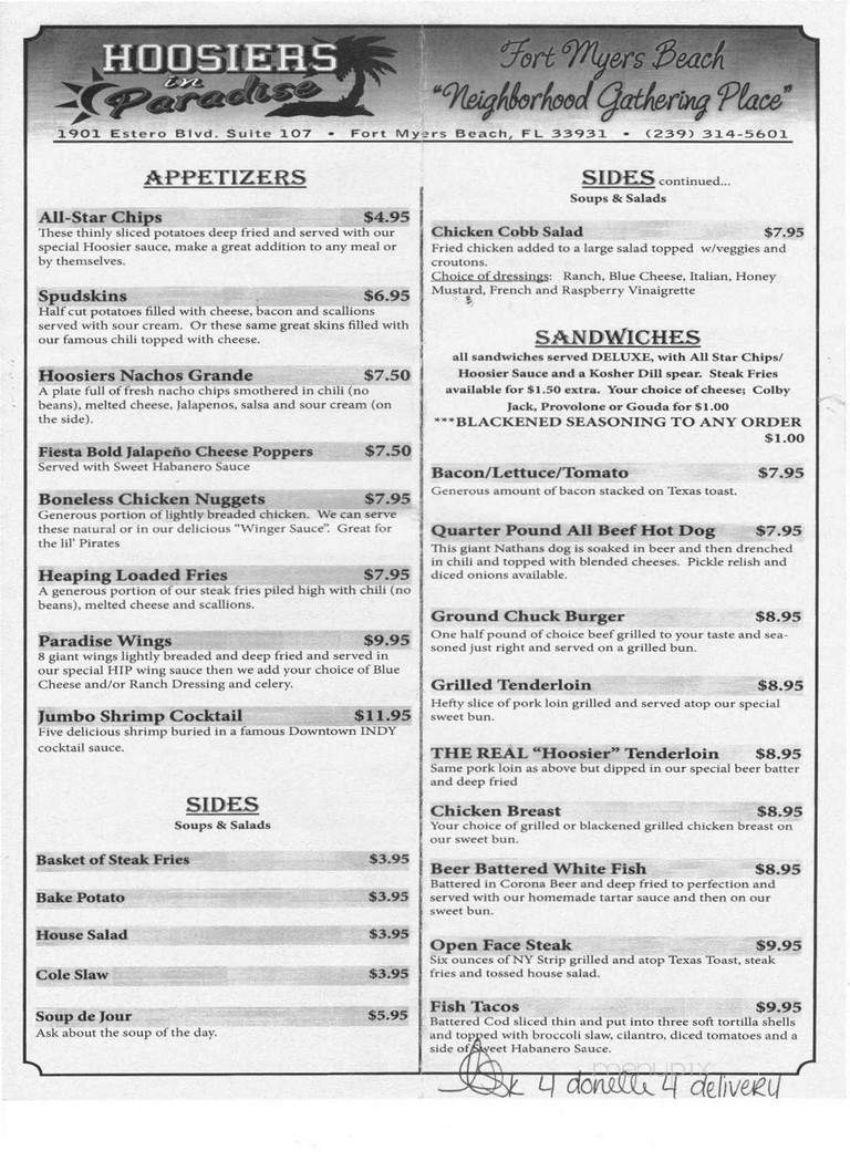 Hoosiers in Paradise - Fort Myers Beach, FL menu_pic