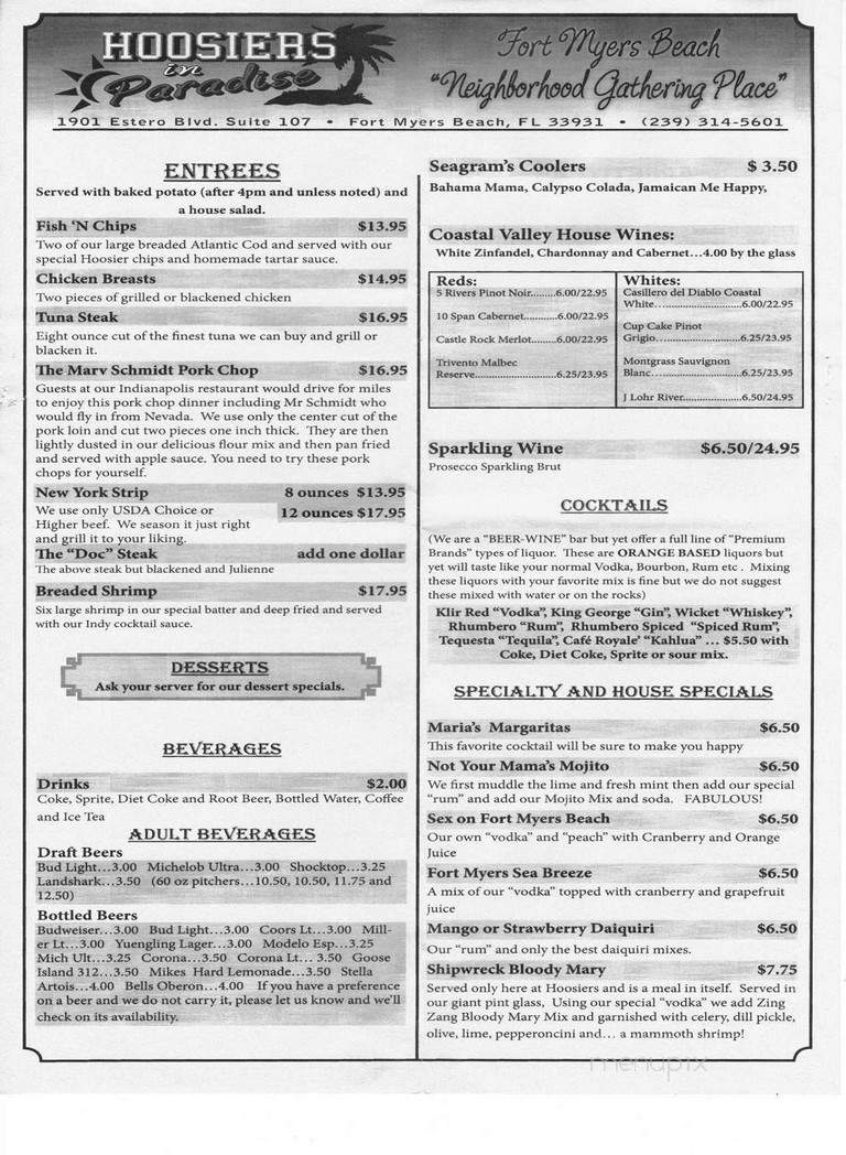 Hoosiers in Paradise - Fort Myers Beach, FL menu_pic