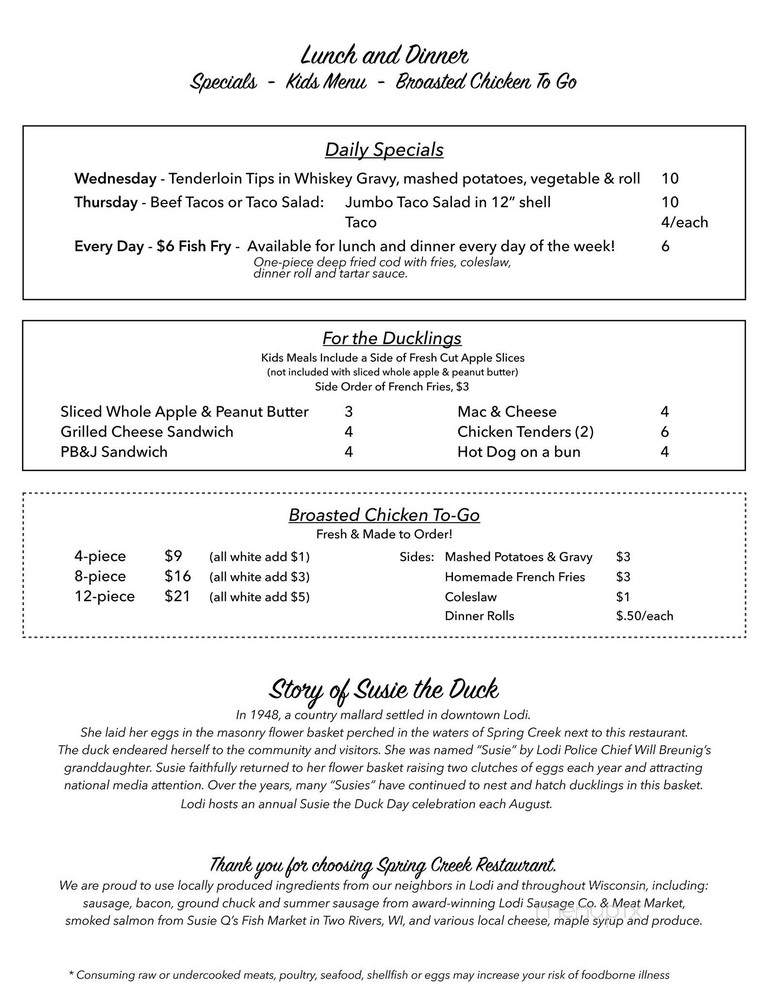 Spring Creek Restaurant - Lodi, WI menu_pic