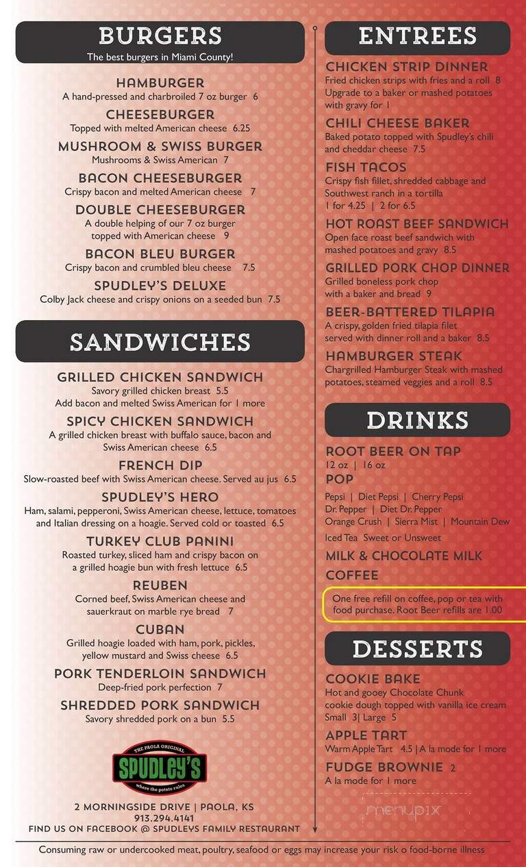 Spudley's Family Restaurant - Paola, KS menu_pic