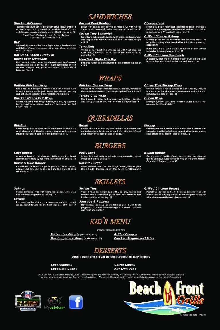 Beach Front Grille - Flagler Beach, FL menu_pic