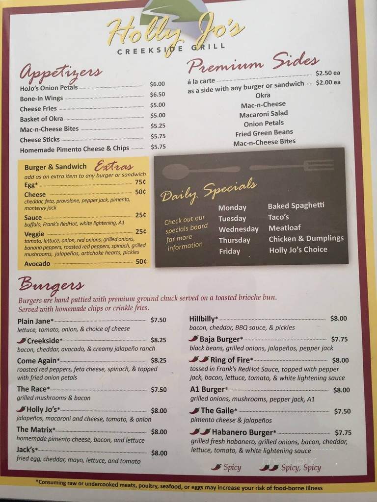 Holly Jo's Creekside Grill - Boones Mill, VA menu_pic