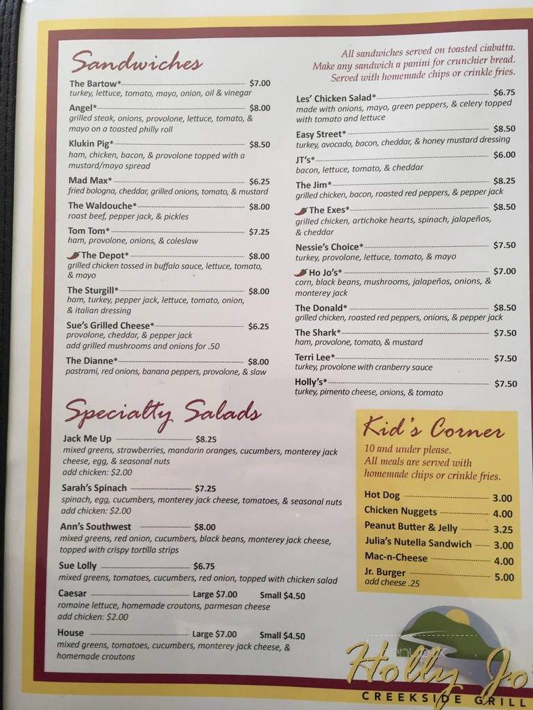 Holly Jo's Creekside Grill - Boones Mill, VA menu_pic