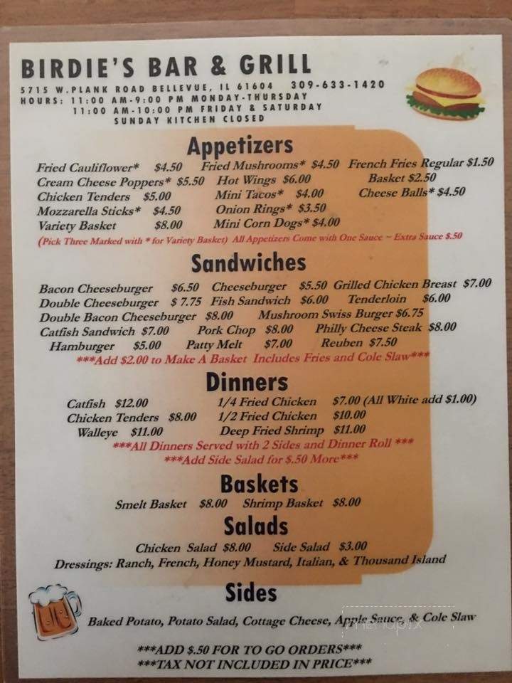 Birdies Sports Grille - Whittington, IL menu_pic