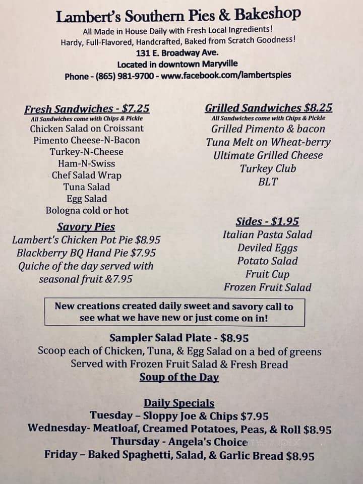 Lambert's Southern Pies and Bakeshop - Maryville, TN menu_pic
