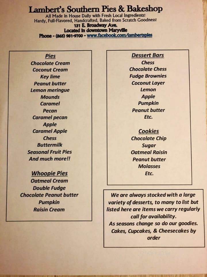 Lambert's Southern Pies and Bakeshop - Maryville, TN menu_pic