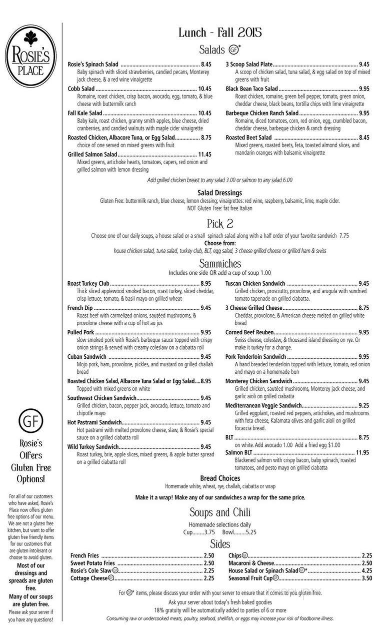 Rosie's Place - Zionsville, IN menu_pic