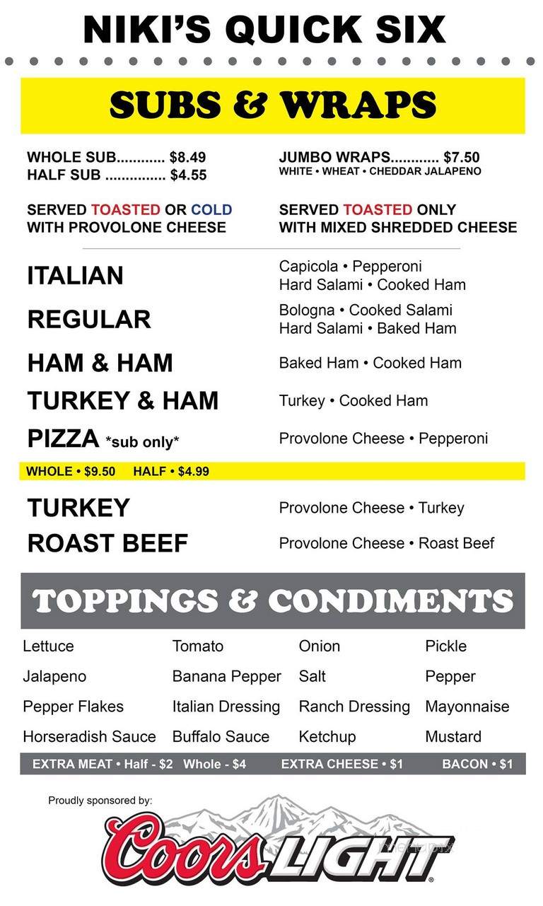Niki's Quick Six - Spring Church, PA menu_pic