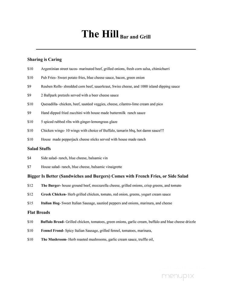 Hill Bar & Grill - Morgan Hill, CA menu_pic