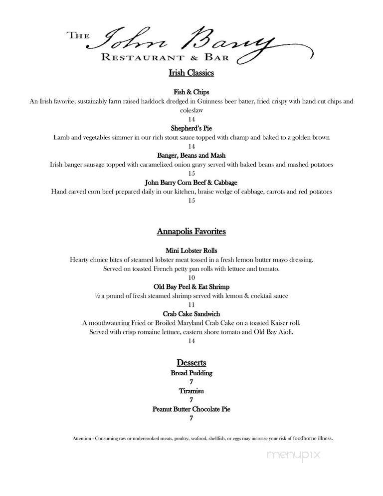 John Barry Restaurant & Bar - Annapolis, MD menu_pic