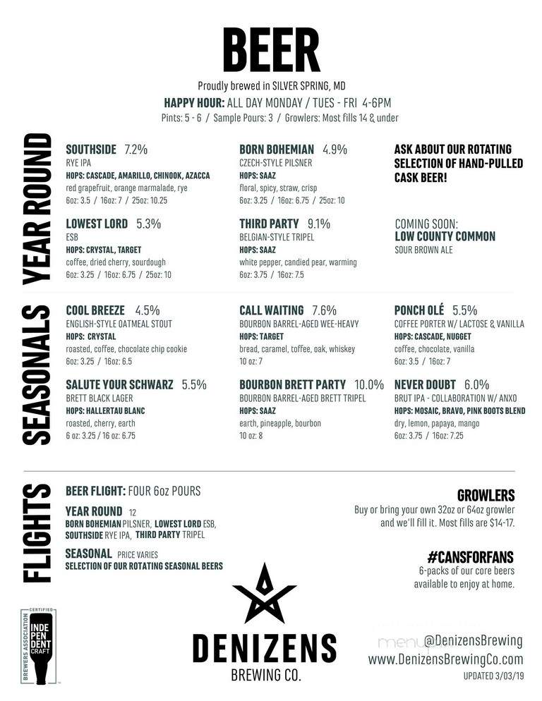 Denizens Brewing Co. - Silver Spring, MD menu_pic
