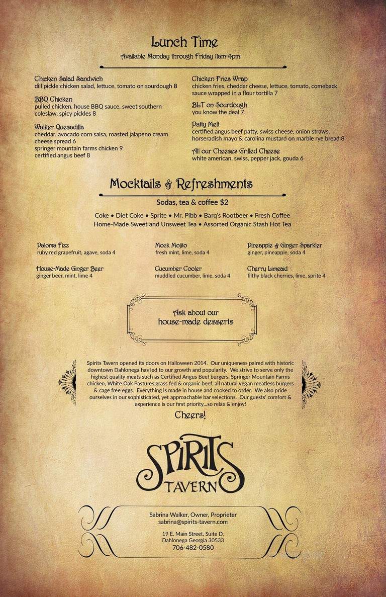 Spirits Tavern - Dahlonega, GA menu_pic