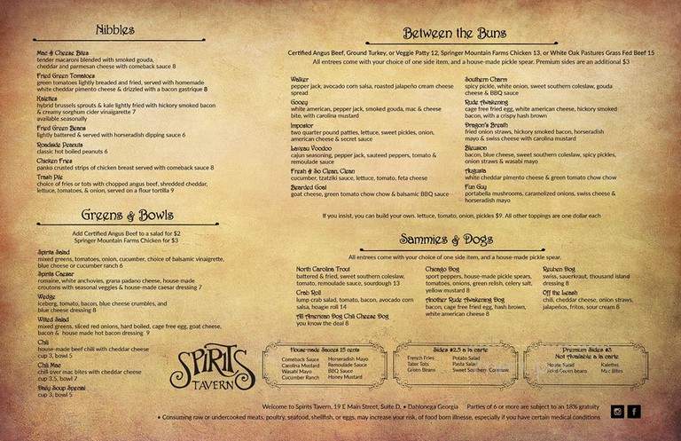 Spirits Tavern - Dahlonega, GA menu_pic