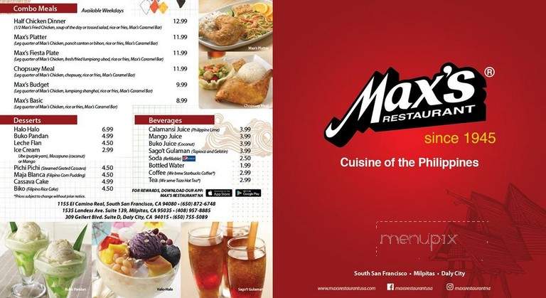 Max's of Manila - Milpitas, CA menu_pic