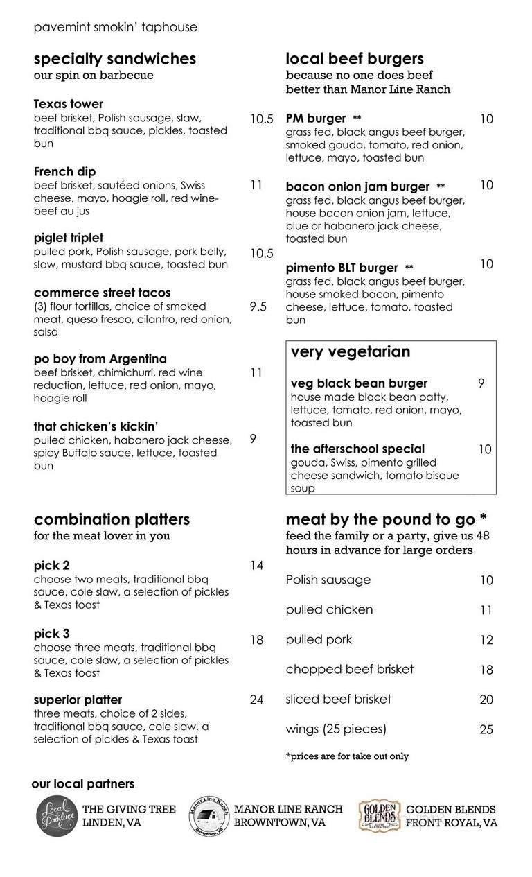 Menu of Pavemint Taphouse and Grill in Front Royal, VA 22630