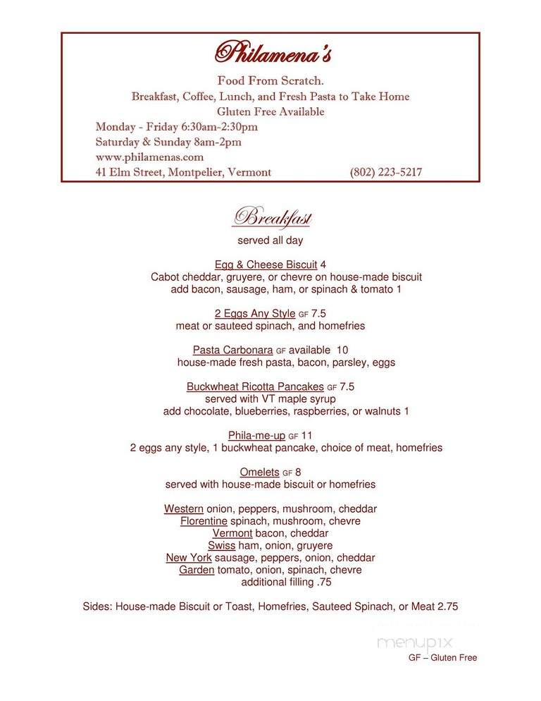 Philamena's - Montpelier, VT menu_pic
