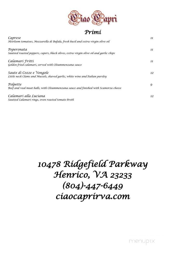 Ciao Capri - Henrico, VA menu_pic