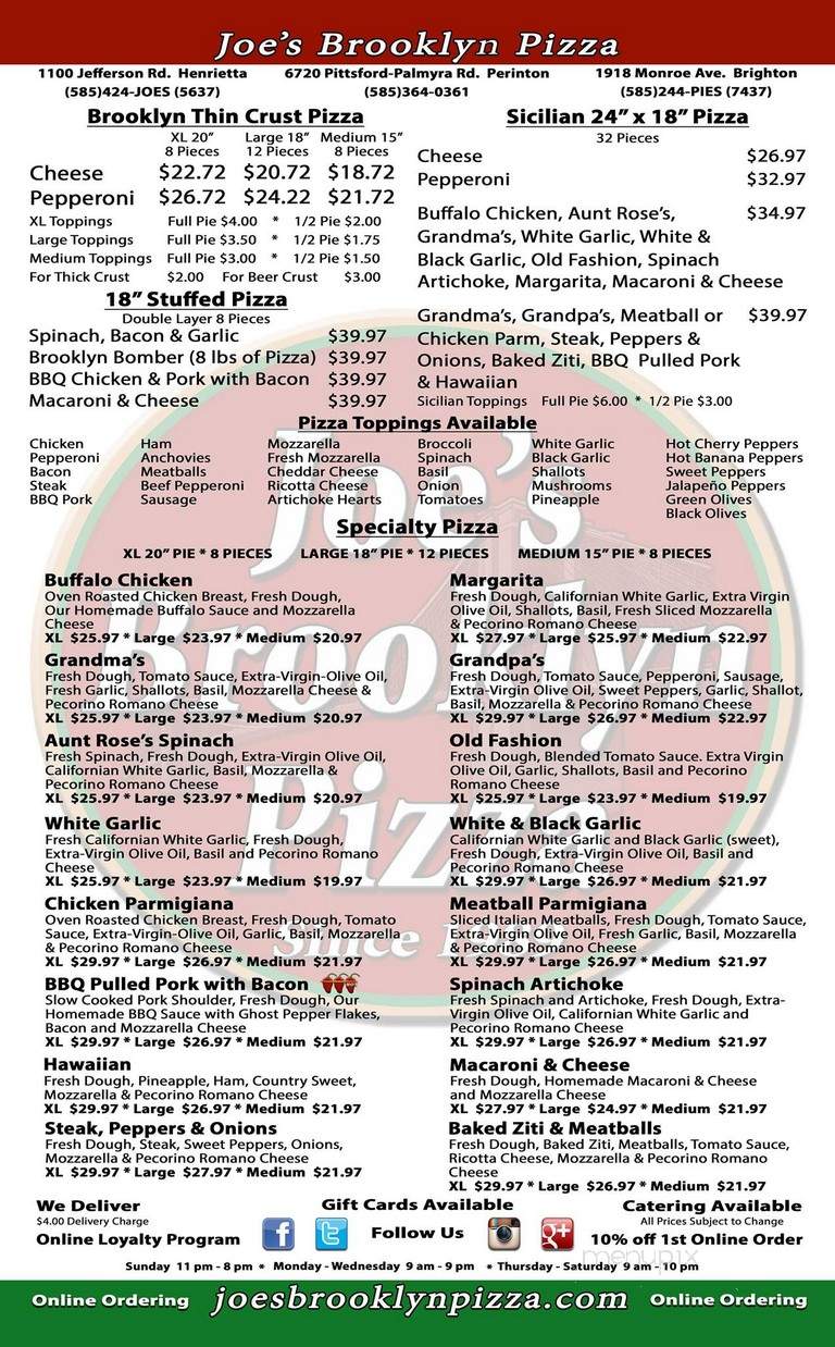 Joe's Brooklyn Pizza - Fairport, NY menu_pic