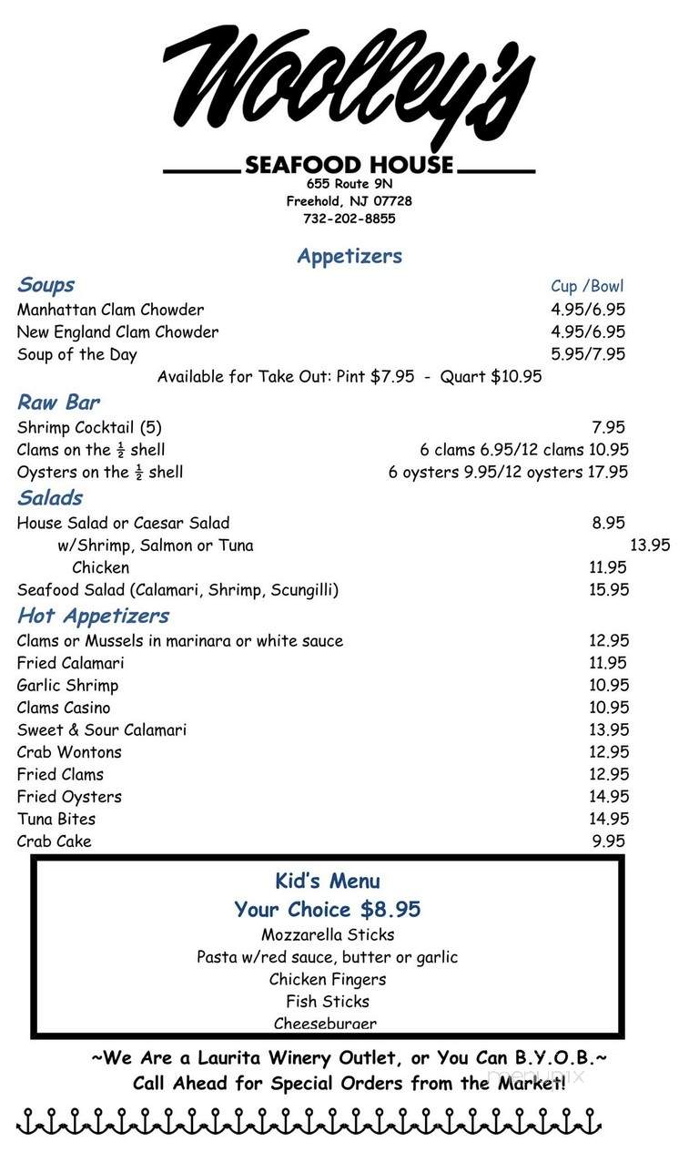 Menu of Woolley's Seafood House & Fish Market in Freehold