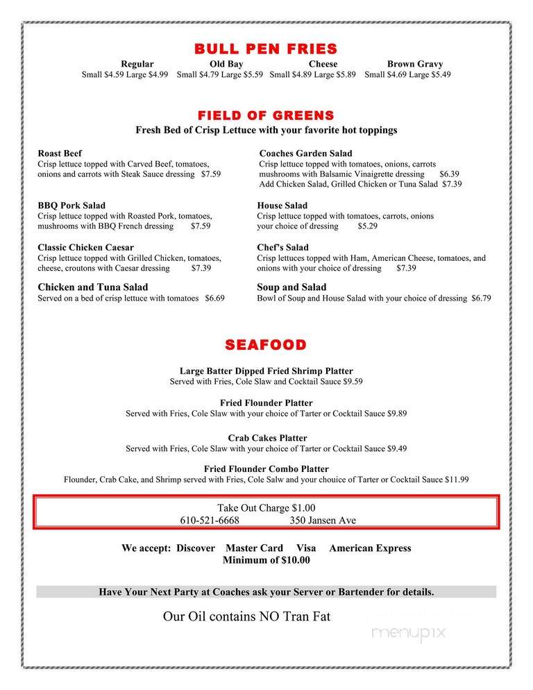 Coaches Bar and Grill - Tinicum Township, PA menu_pic