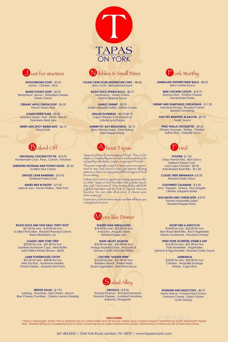 Tapas on York - Jamison, PA menu_pic