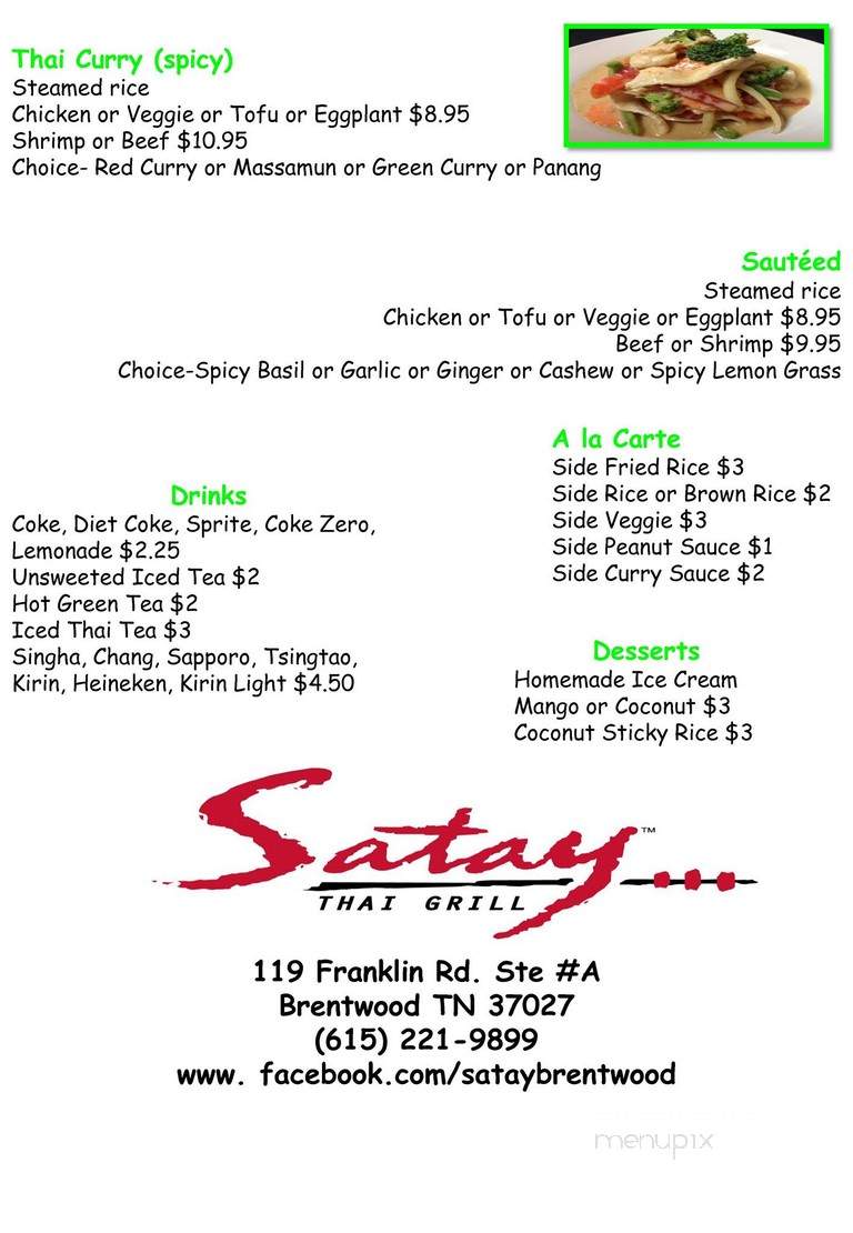 Satay Thai Grill & BBQ - Brentwood, TN menu_pic