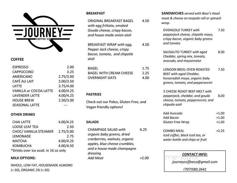 journey cafe bar menu