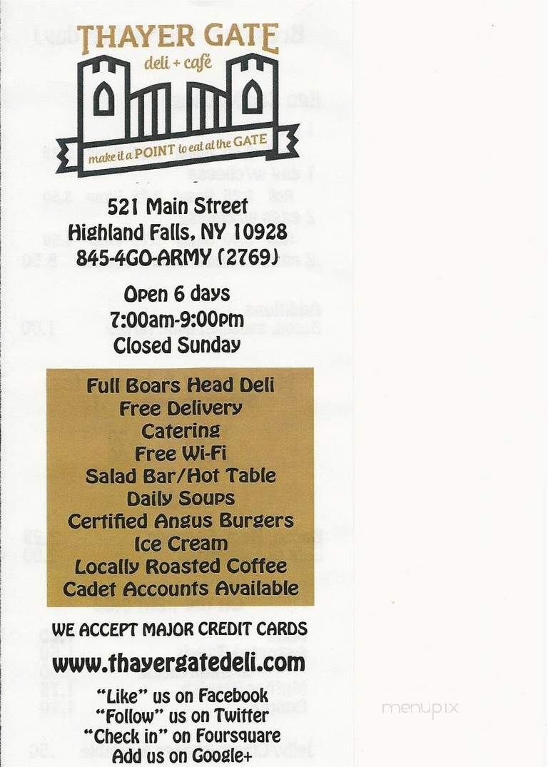 Thayer Gate Deli & Cafe - Highland Falls, NY menu_pic