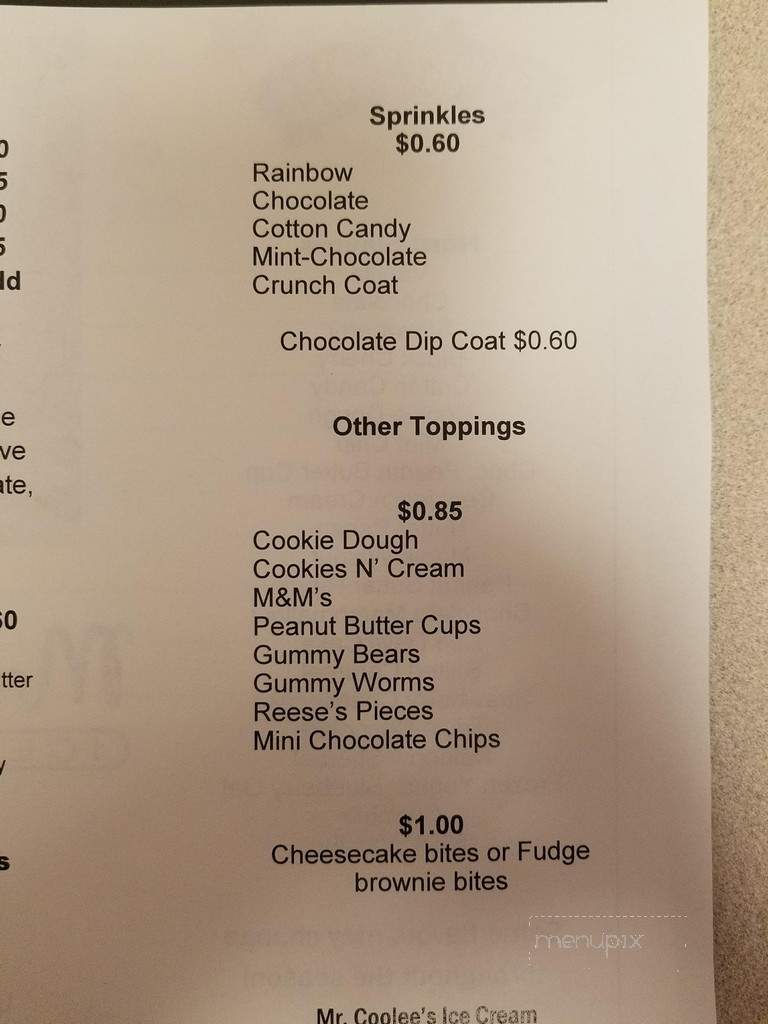 Mr. Coolee's Ice Cream Shop - Newark, NY menu_pic