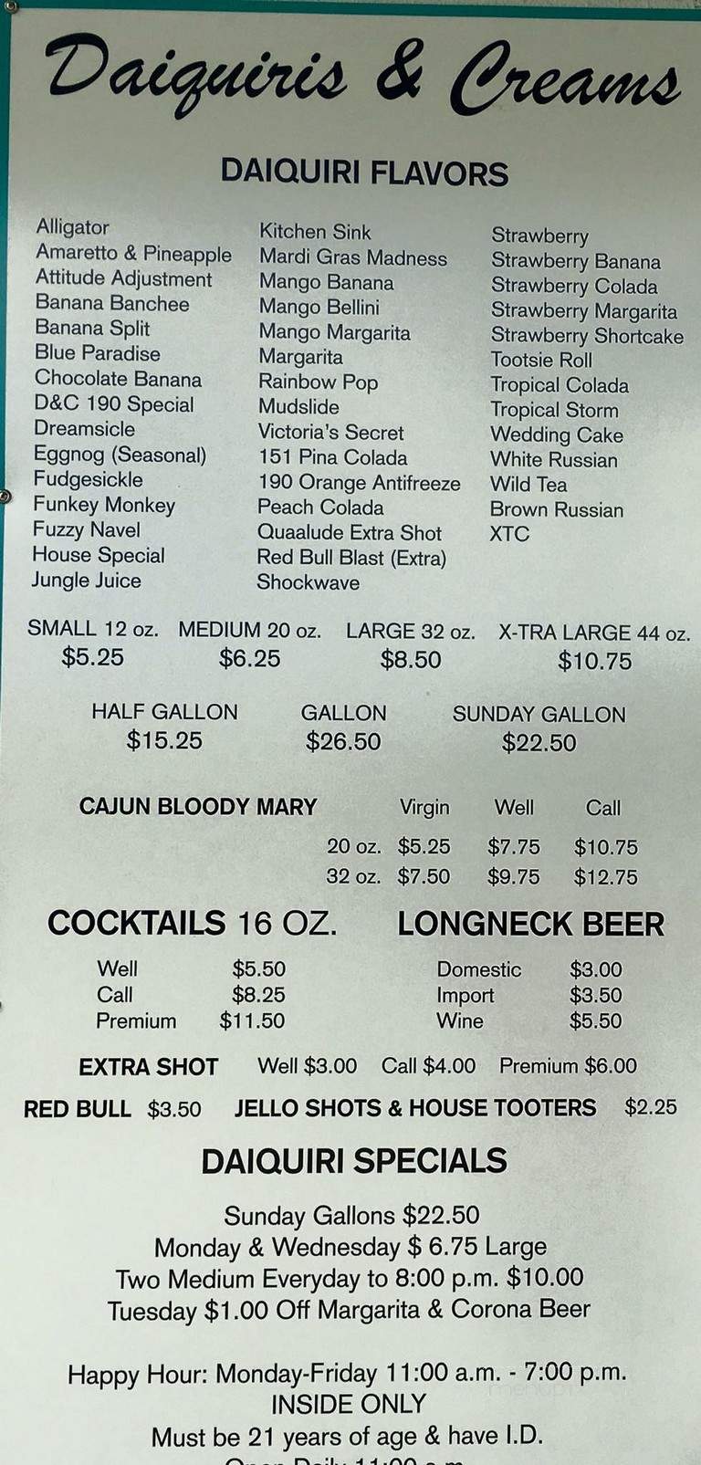 Daiquiris & Creams - Mandeville, LA menu_pic