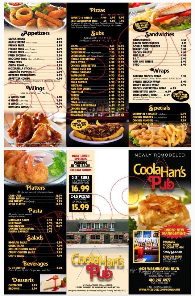 Coolahan's Pub - Halethorpe, MD menu_pic