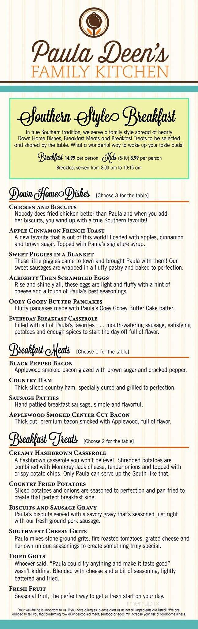 Paula deen restaurant shop menu