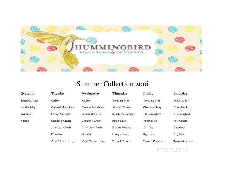 Hummingbird Macarons & Dessert - Norfolk, VA menu_pic
