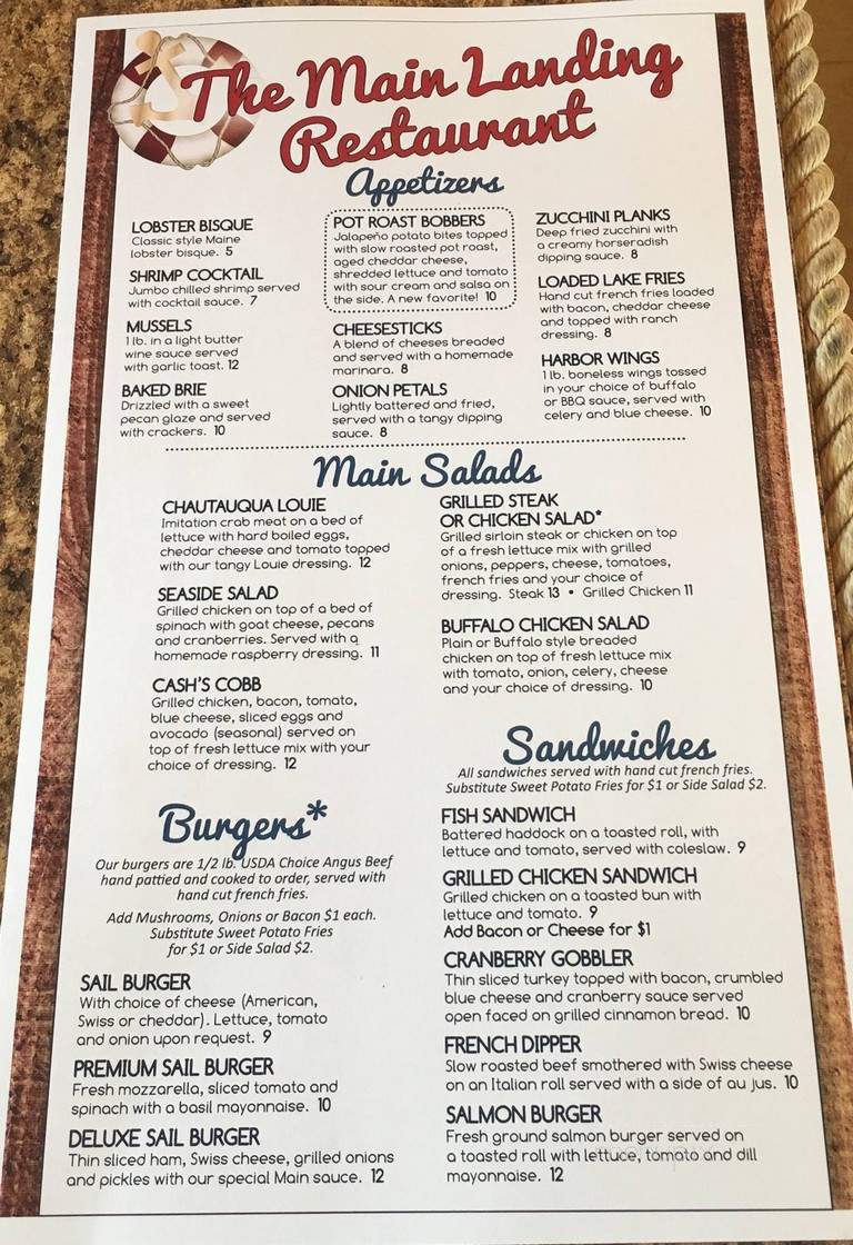 Menu of Main Landing Restaurant in Jamestown, NY 14701