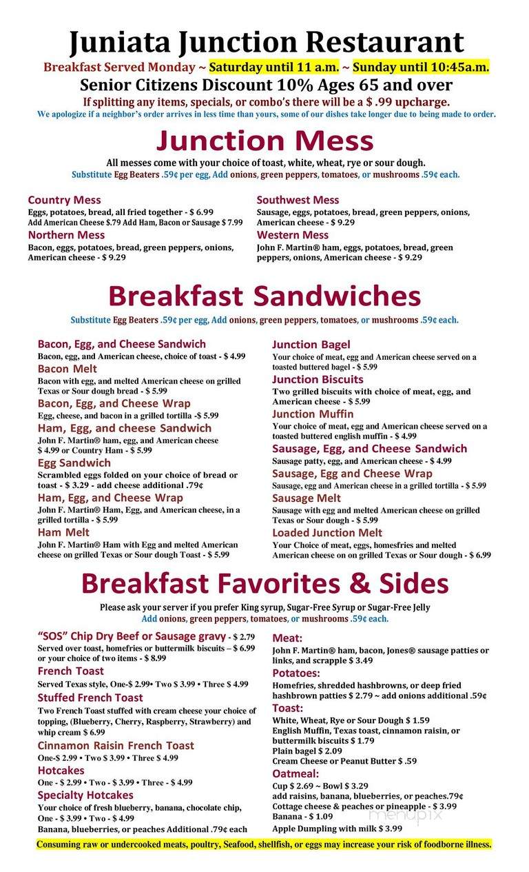Juniata Junction Restaurant - Mifflintown, PA menu_pic