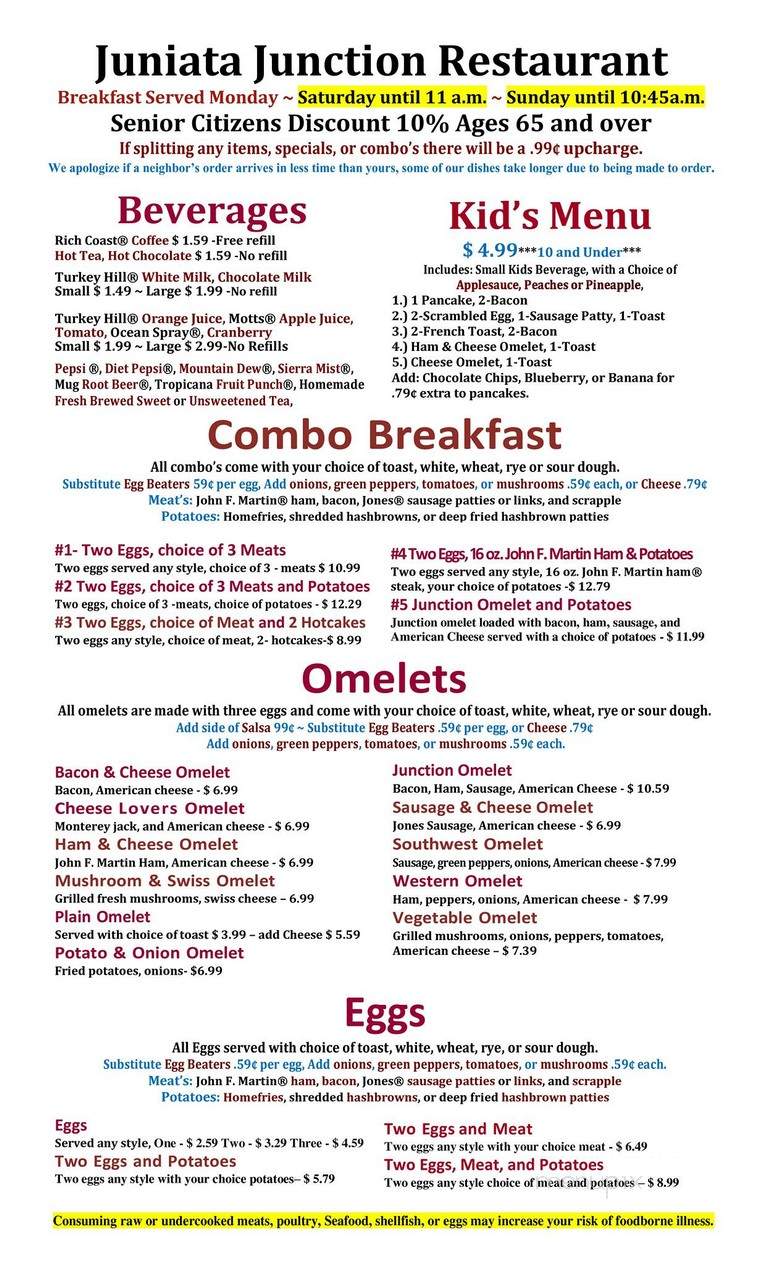 Juniata Junction Restaurant - Mifflintown, PA menu_pic