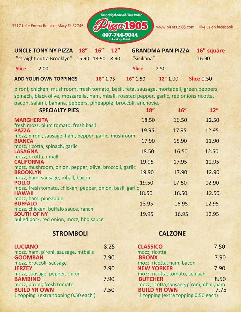 Pizza 1905 - Lake Mary, FL menu_pic