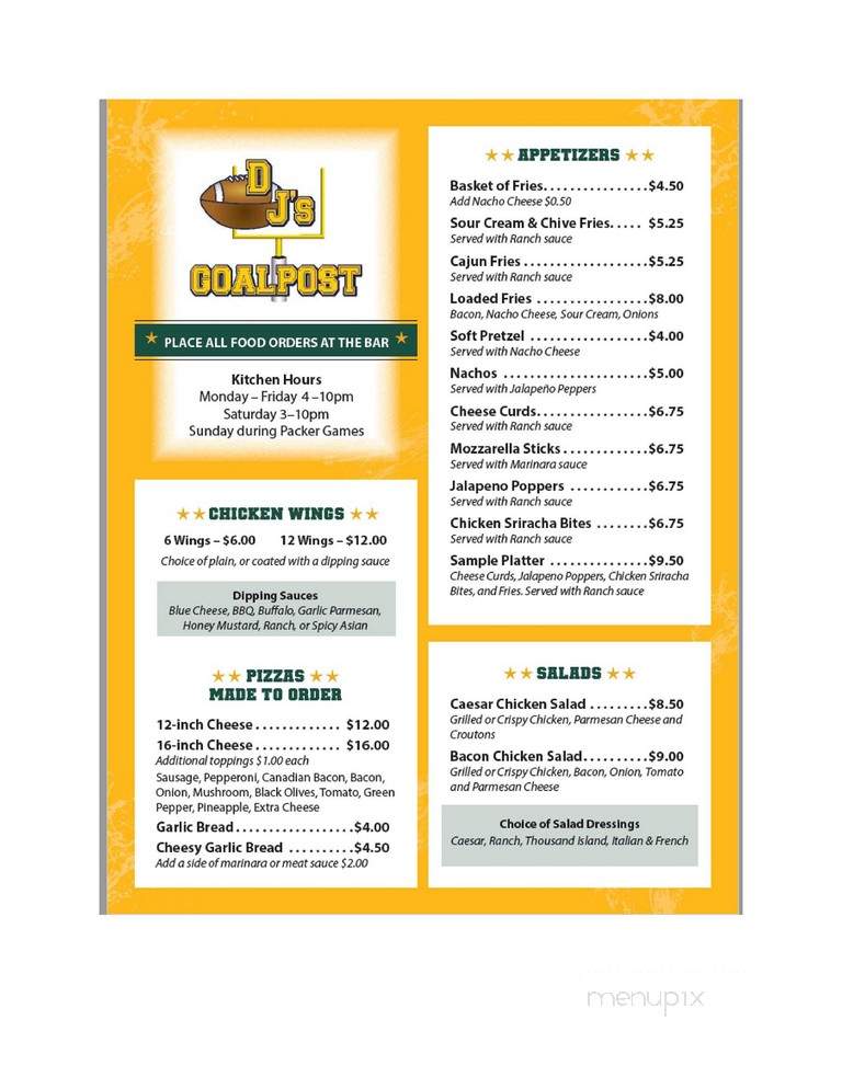 Dj's Goalpost Sports Pub & Eatery - Menomonee Falls, WI menu_pic